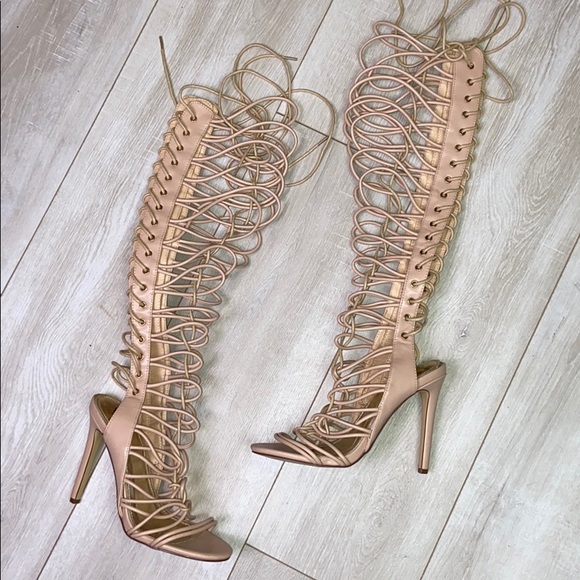 Shoes - Tan Knee High Strappy Heels Size 7.5